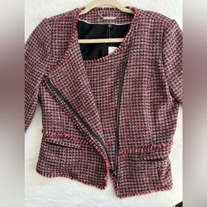 White Black Tweed Blazer with Zipper Detail